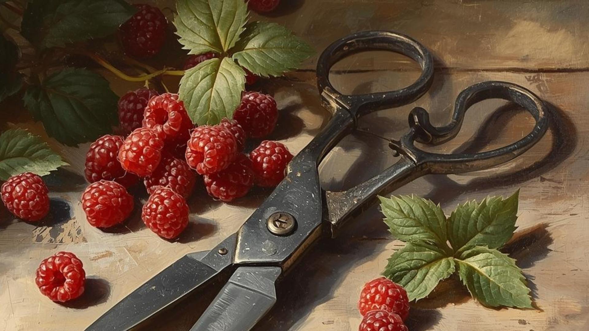 Himbeeren mit alter Gartenschere auf Holztisch – Stillleben
